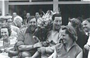 Hamilton (left) and Rolt celebrating their famous win, Le Mans, 1953 